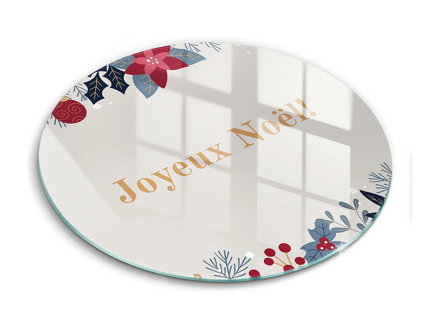 Planche de cuisine ronde en verre avec une phrase "Noël: Joyeux Noël!" 40 cm