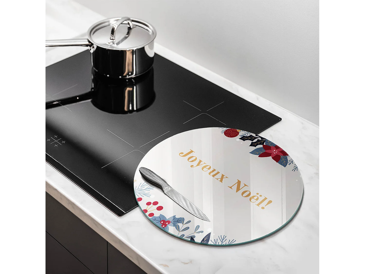 Planche de cuisine ronde en verre avec une phrase "Noël: Joyeux Noël!" 40 cm