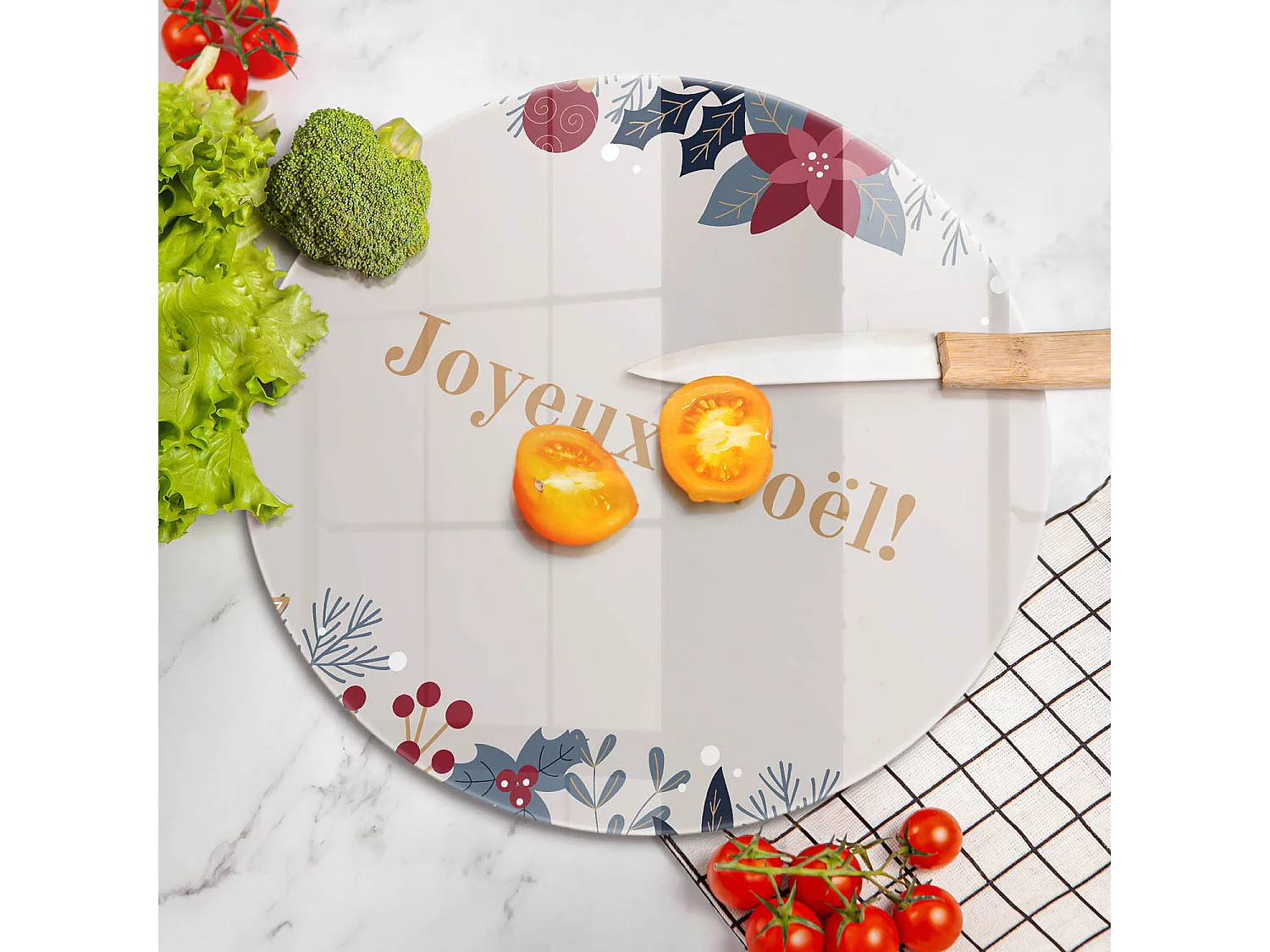 Planche de cuisine ronde en verre avec une phrase "Noël: Joyeux Noël!" 40 cm