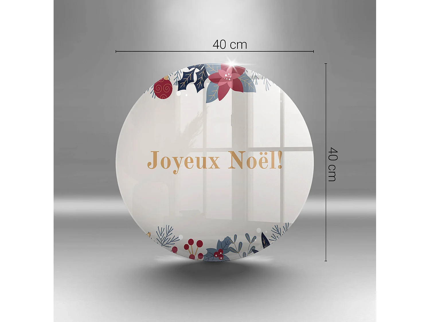 Planche de cuisine ronde en verre avec une phrase "Noël: Joyeux Noël!" 40 cm