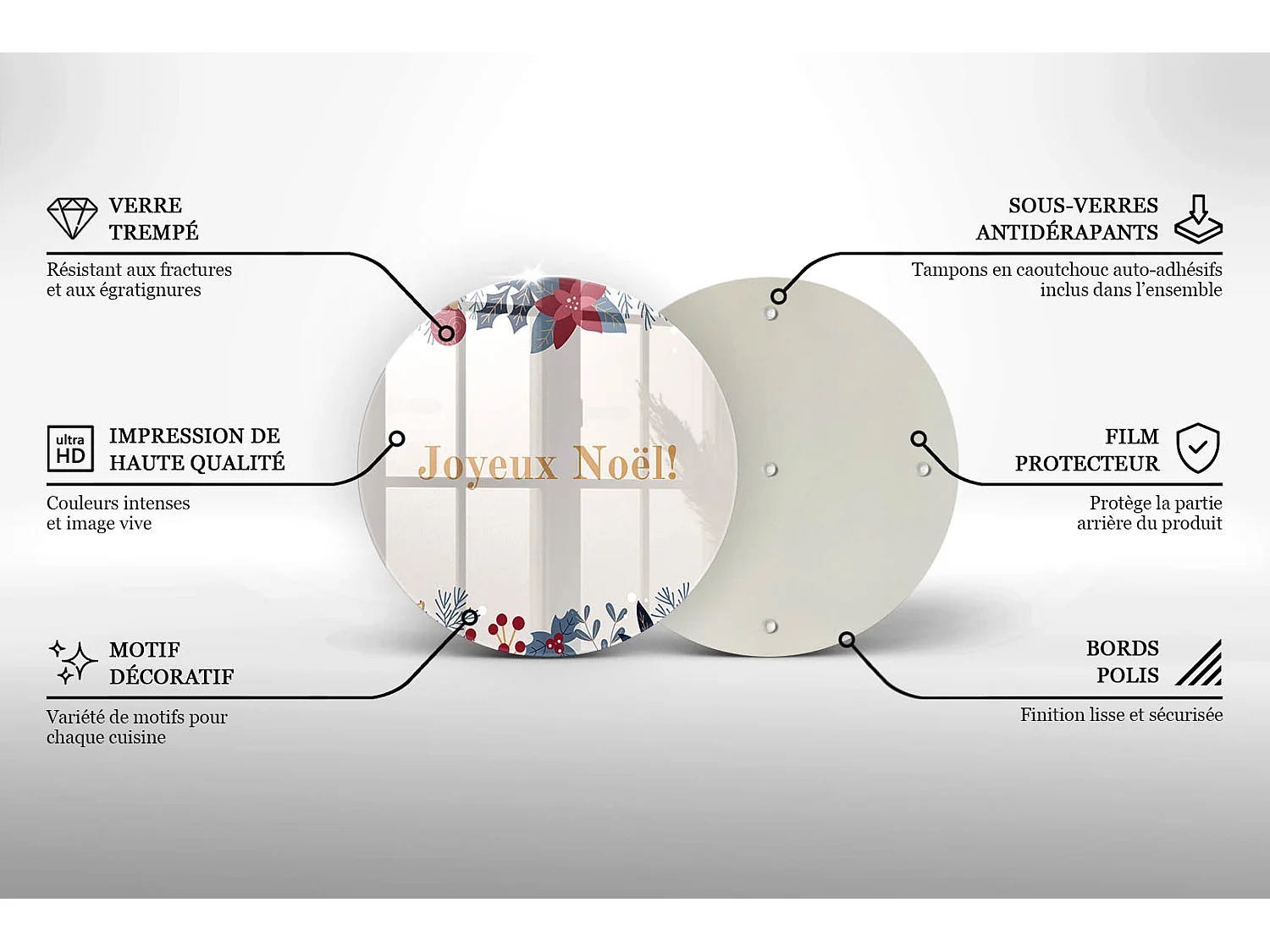 Planche de cuisine ronde en verre avec une phrase "Noël: Joyeux Noël!" 40 cm