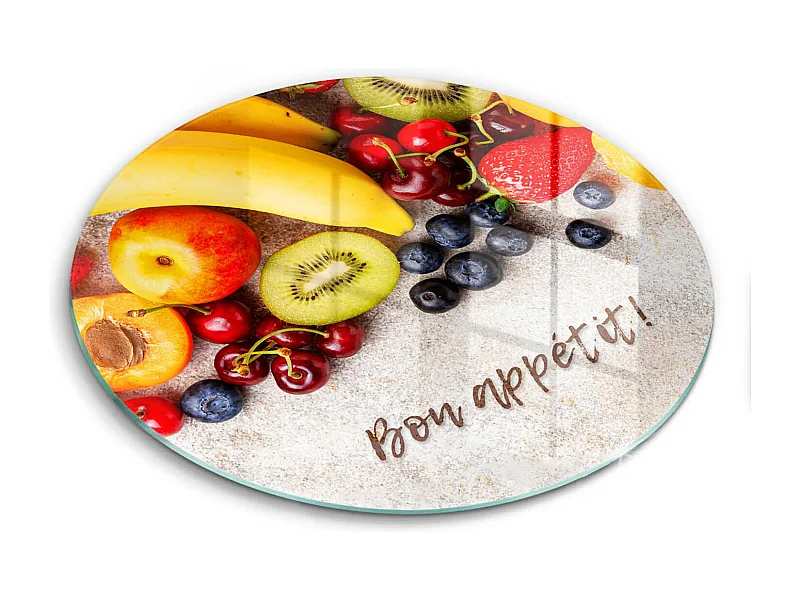Planche de cuisine ronde en verre avec une phrase "Fruits, Bon appétit!" 40 cm
