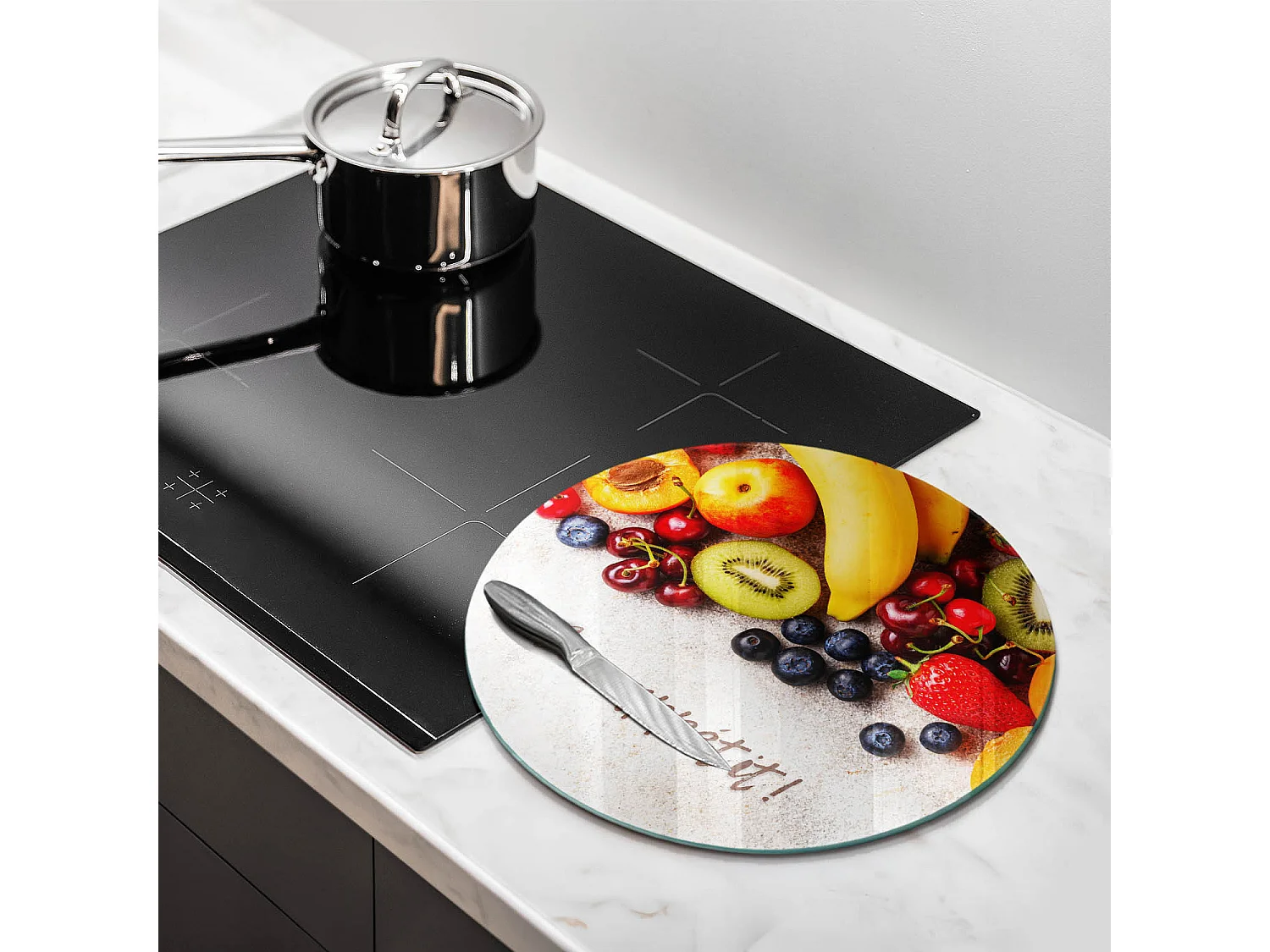 Planche de cuisine ronde en verre avec une phrase "Fruits, Bon appétit!" 40 cm