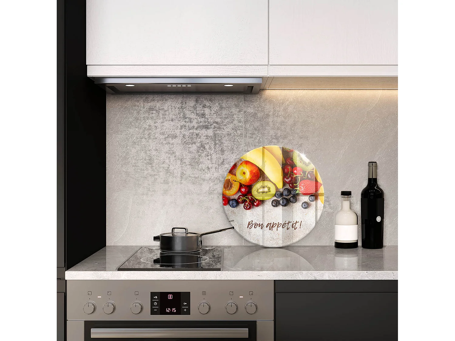 Planche de cuisine ronde en verre avec une phrase "Fruits, Bon appétit!" 40 cm