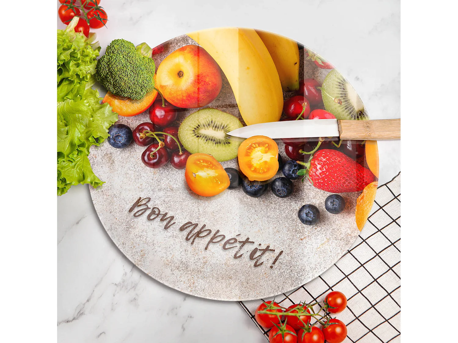 Planche de cuisine ronde en verre avec une phrase "Fruits, Bon appétit!" 40 cm