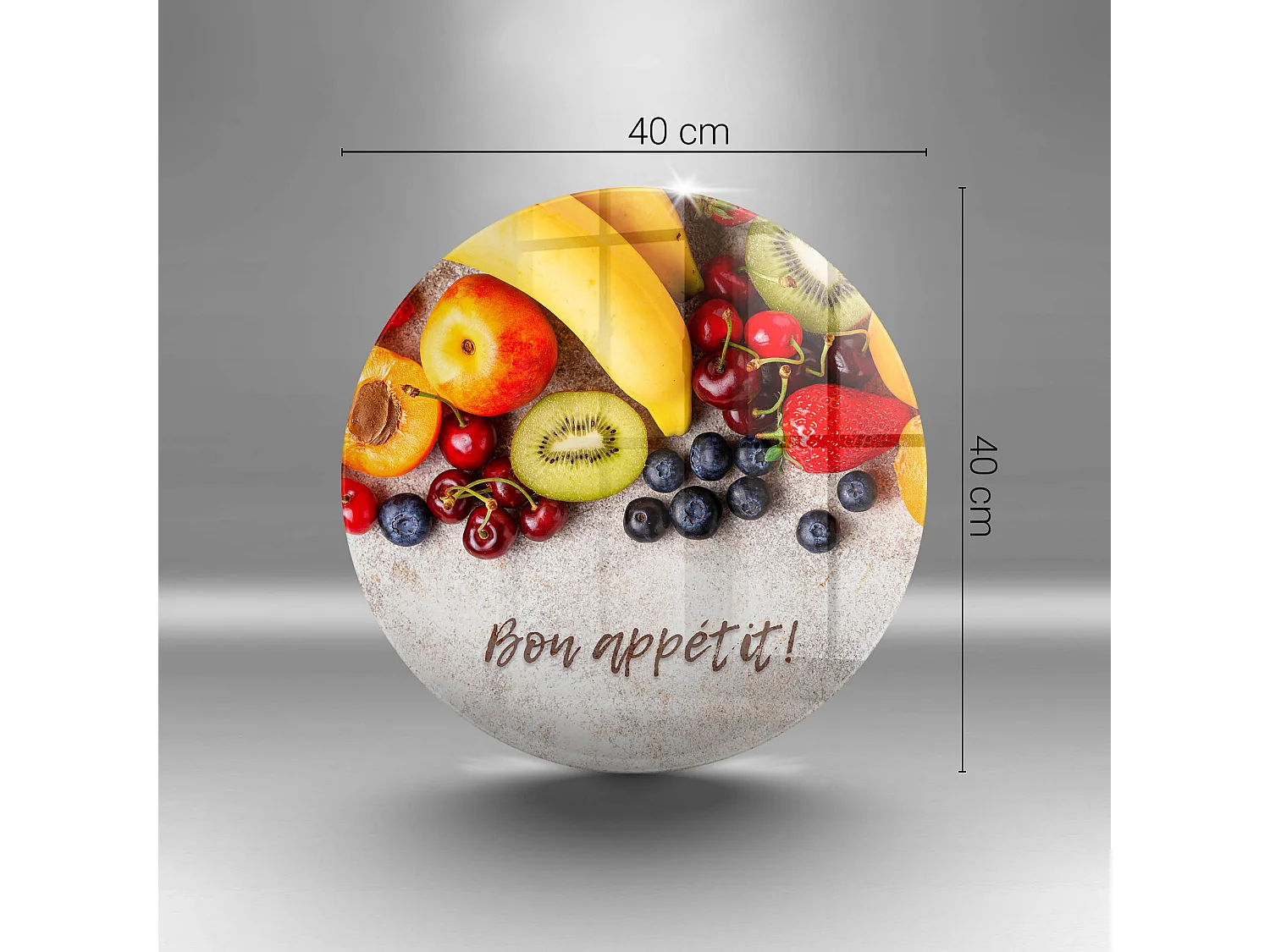 Planche de cuisine ronde en verre avec une phrase "Fruits, Bon appétit!" 40 cm