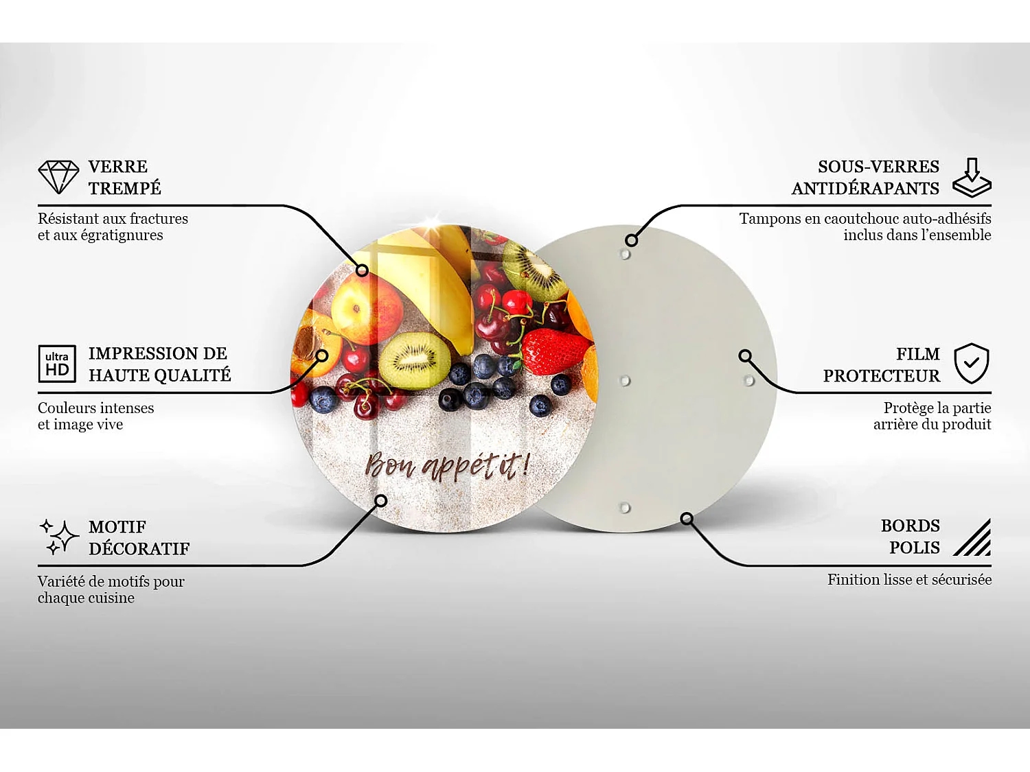 Planche de cuisine ronde en verre avec une phrase "Fruits, Bon appétit!" 40 cm