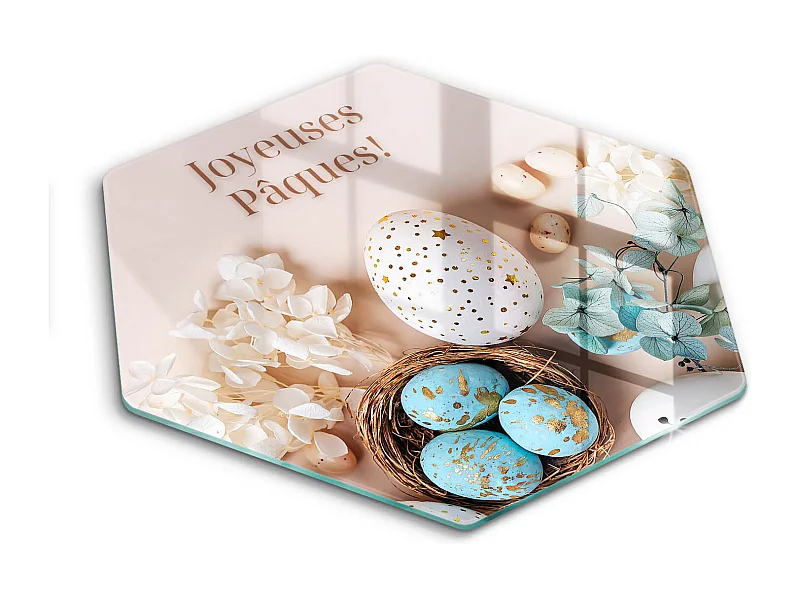 Planche de cuisine hexagonale en verre avec une phrase "Joyeuses Pâques!" 40 cm
