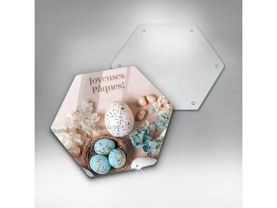 Planche de cuisine hexagonale en verre avec une phrase "Joyeuses Pâques!" 40 cm