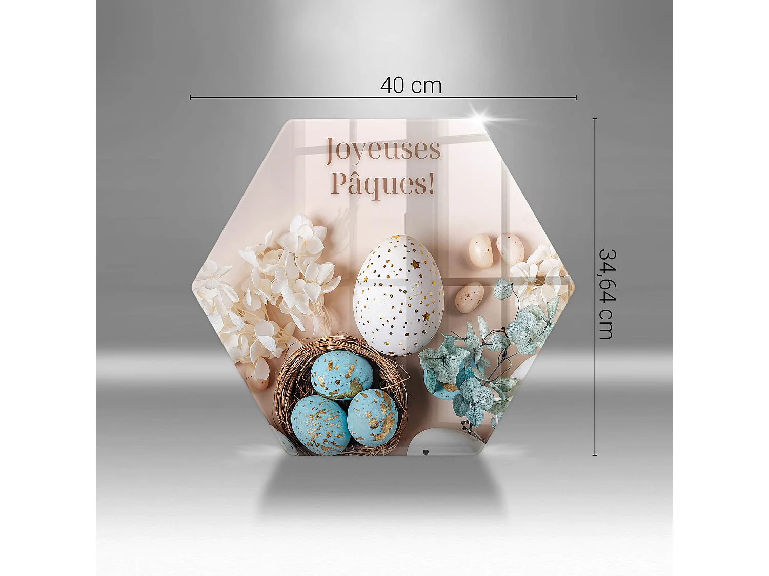 Planche de cuisine hexagonale en verre avec une phrase "Joyeuses Pâques!" 40 cm