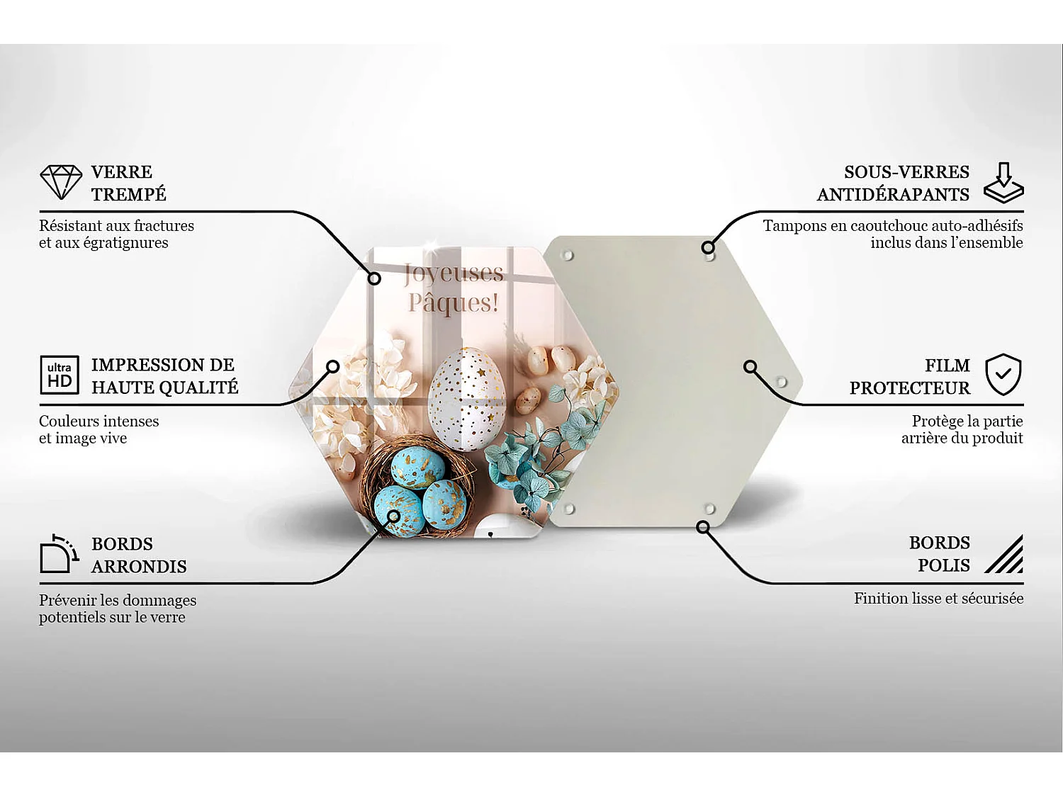 Planche de cuisine hexagonale en verre avec une phrase "Joyeuses Pâques!" 40 cm