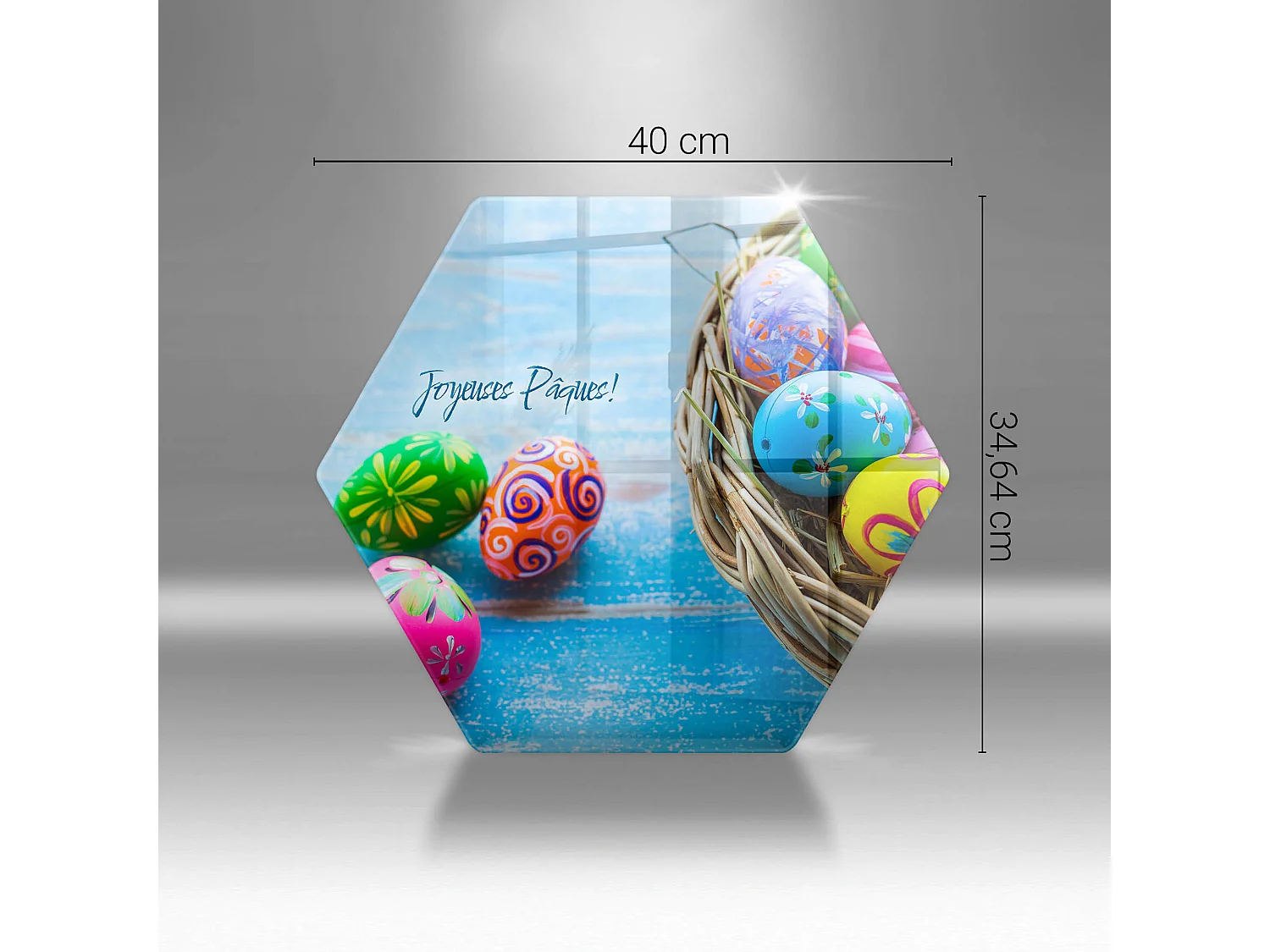 Planche de cuisine hexagonale en verre avec une phrase "Joyeuses Pâques!" 40 cm