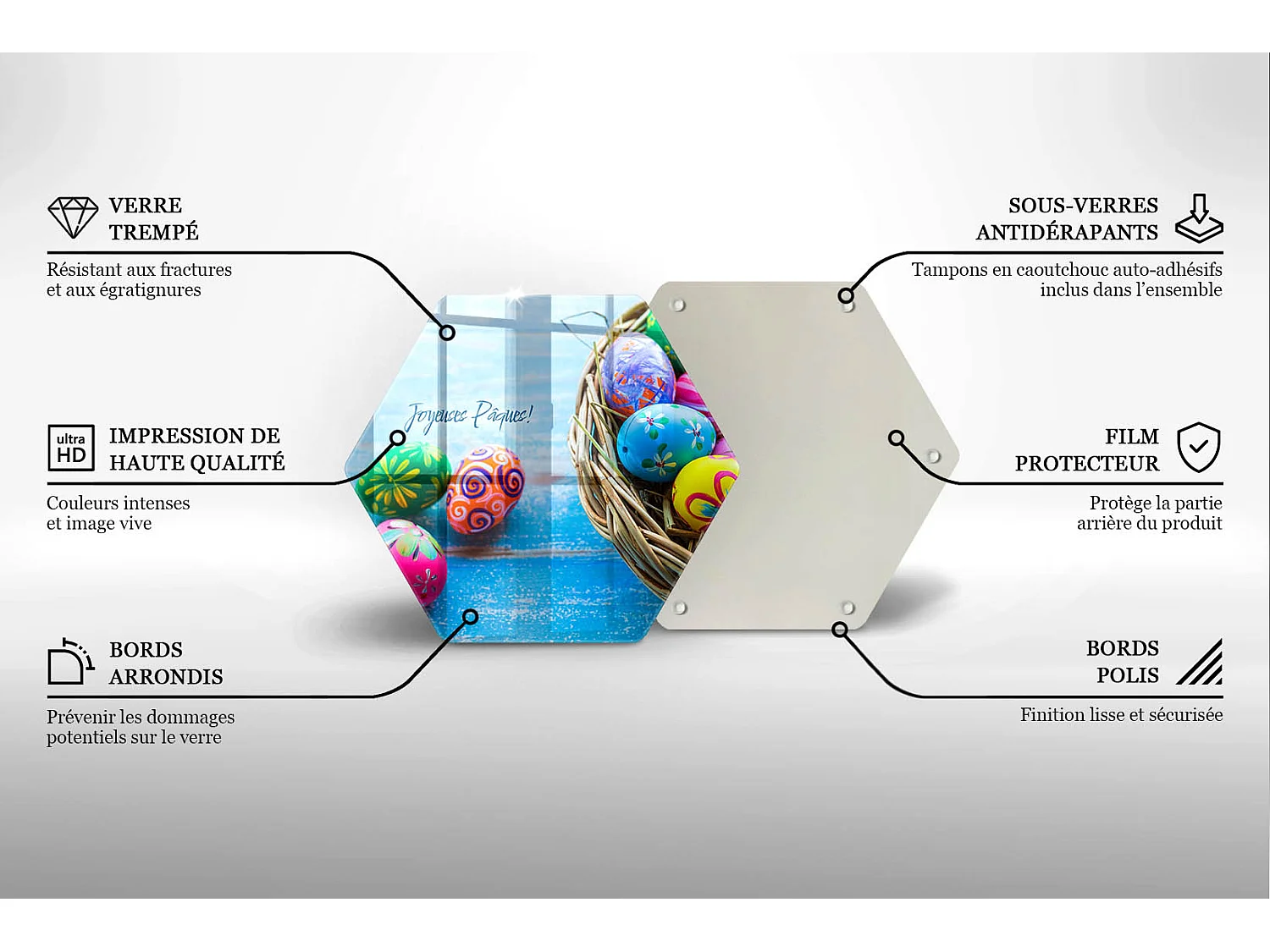 Planche de cuisine hexagonale en verre avec une phrase "Joyeuses Pâques!" 40 cm
