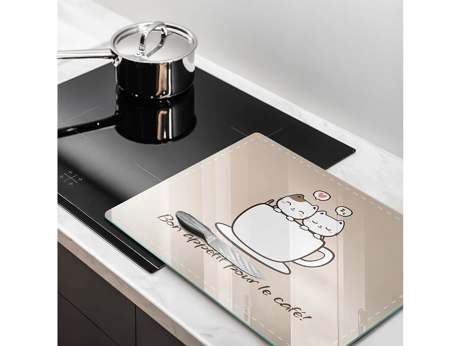 Planche de cuisine rectangulaire en verre avec une phrase "Motif: Bon café!" 40x52 cm