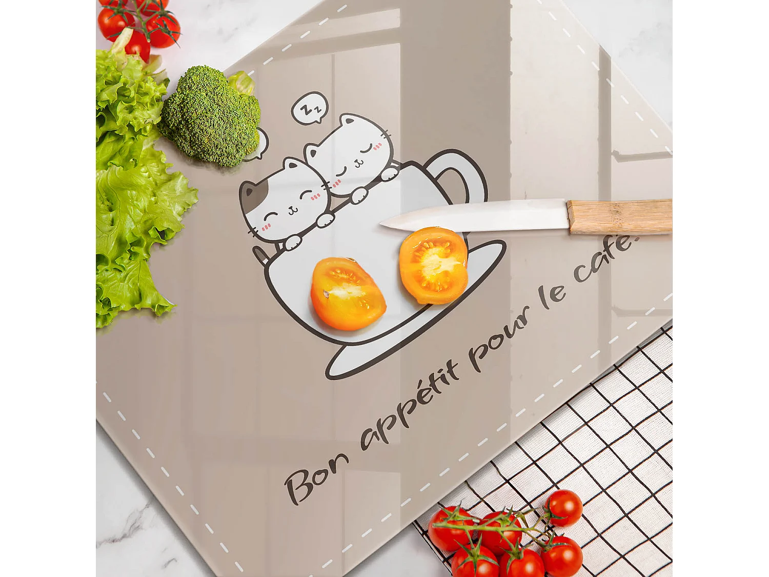 Planche de cuisine rectangulaire en verre avec une phrase "Motif: Bon café!" 40x52 cm