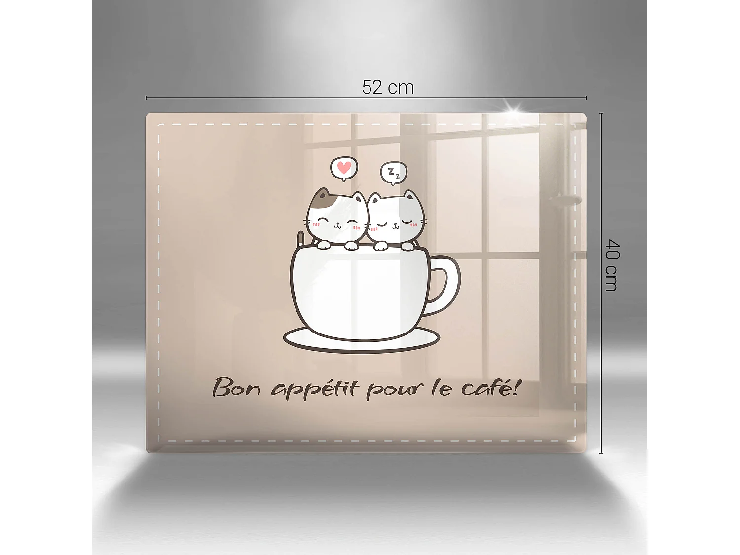 Planche de cuisine rectangulaire en verre avec une phrase "Motif: Bon café!" 40x52 cm