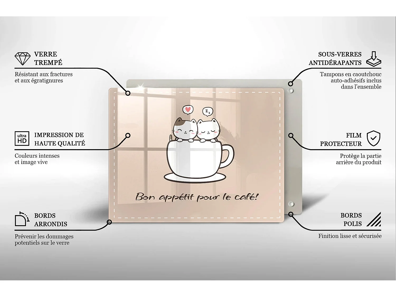 Planche de cuisine rectangulaire en verre avec une phrase "Motif: Bon café!" 40x52 cm