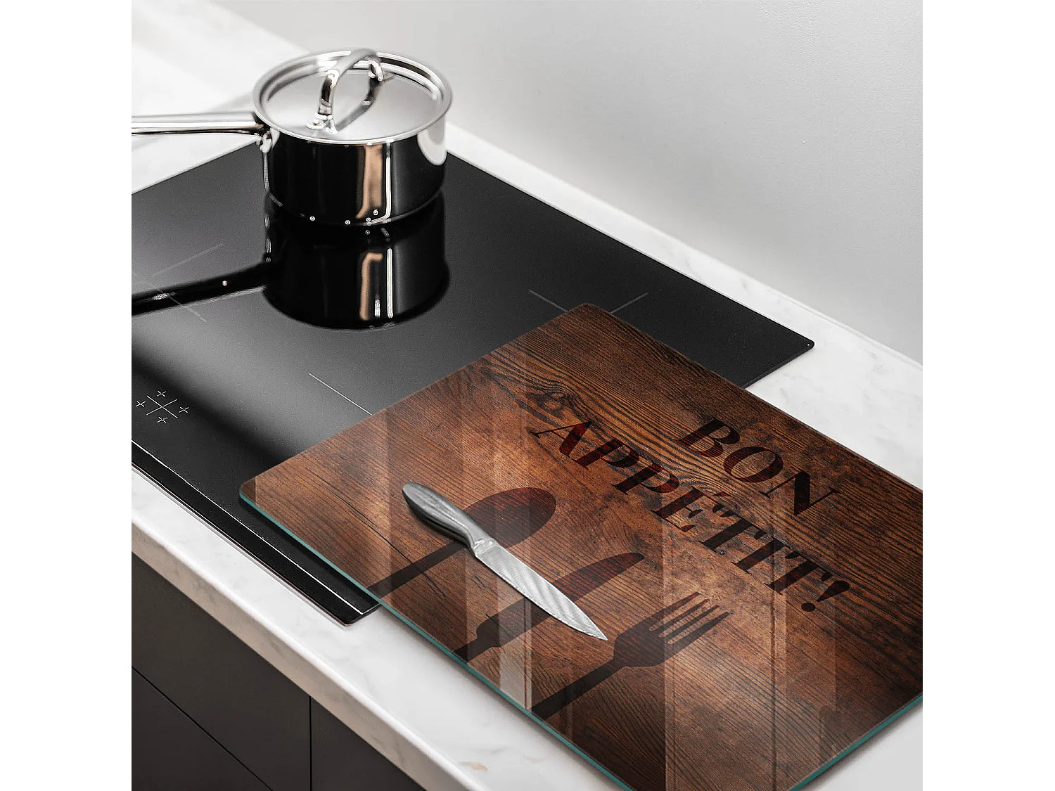 Planche de cuisine rectangulaire en verre avec une phrase "Motif: Bon appétit!" 40x52 cm