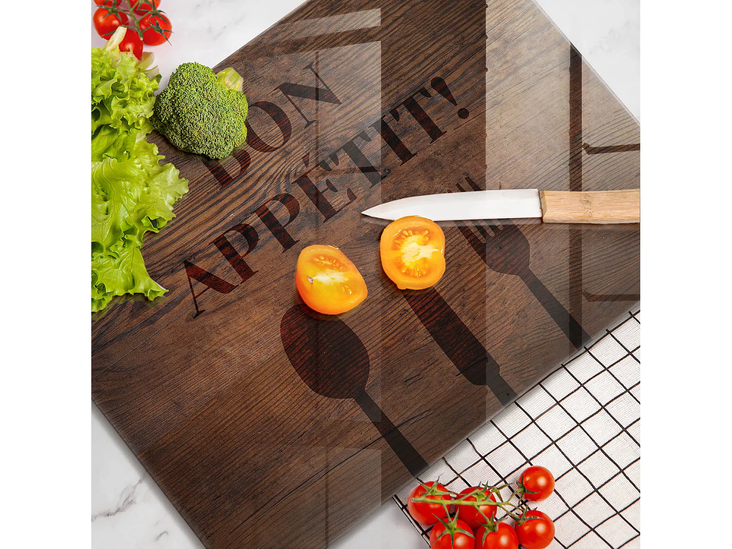 Planche de cuisine rectangulaire en verre avec une phrase "Motif: Bon appétit!" 40x52 cm