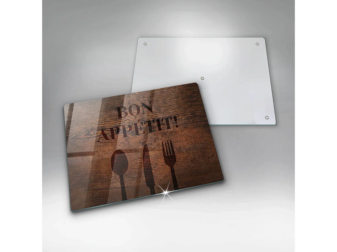 Planche de cuisine rectangulaire en verre avec une phrase "Motif: Bon appétit!" 40x52 cm
