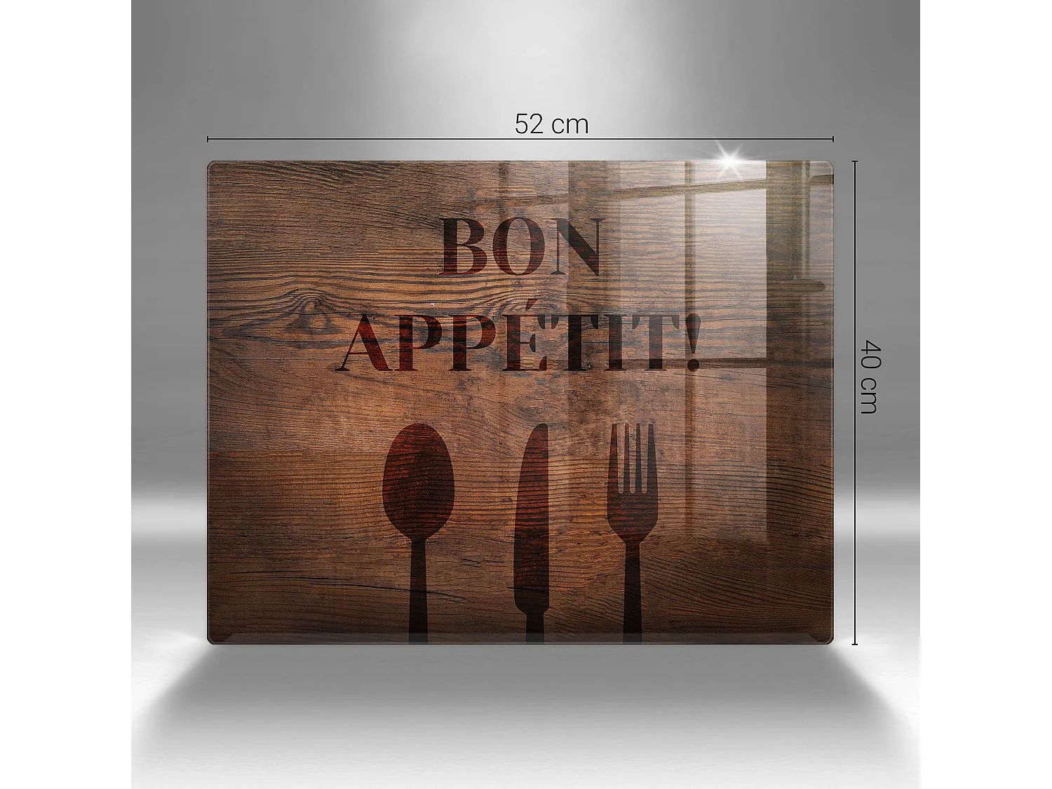 Planche de cuisine rectangulaire en verre avec une phrase "Motif: Bon appétit!" 40x52 cm