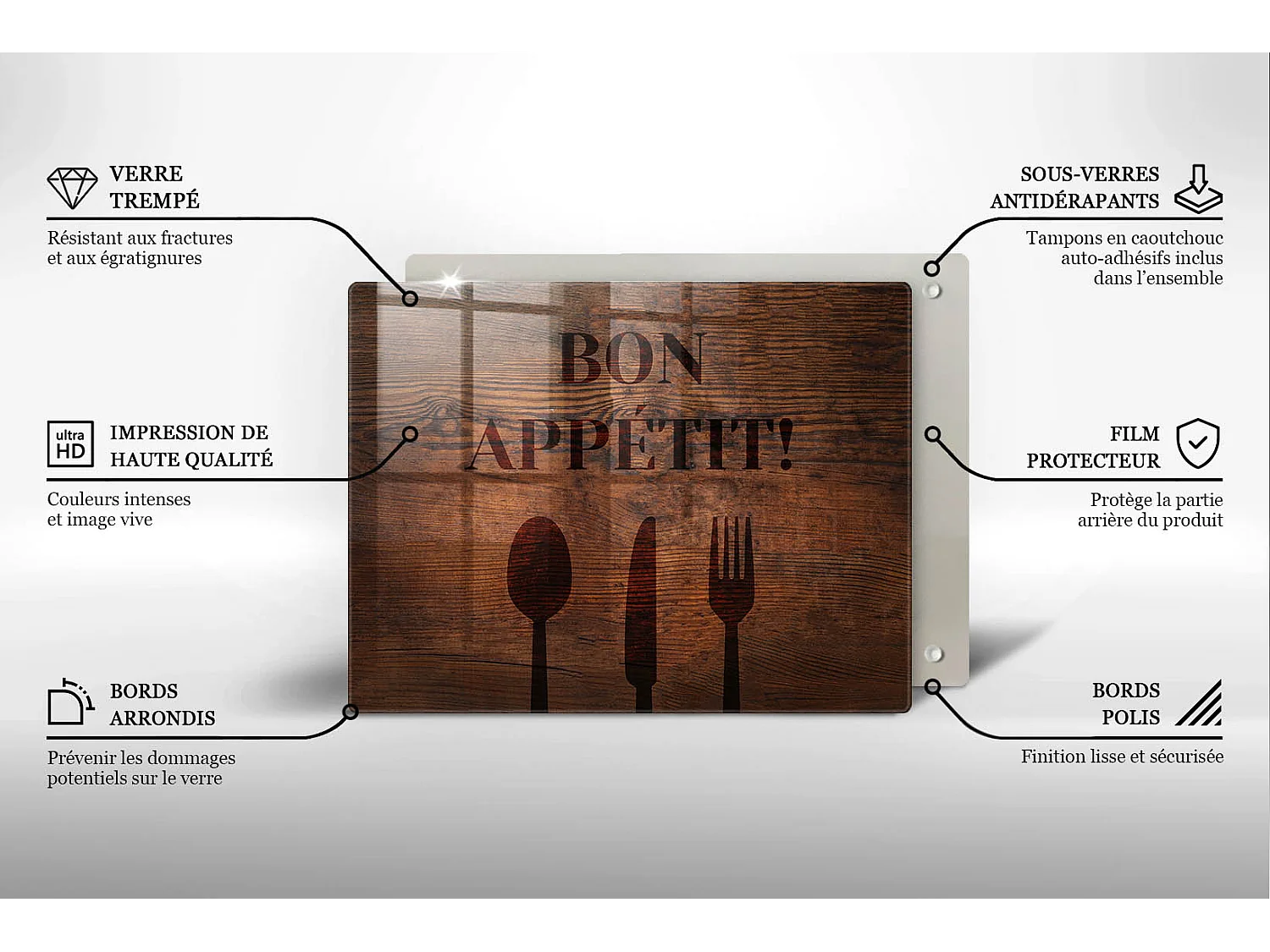 Planche de cuisine rectangulaire en verre avec une phrase "Motif: Bon appétit!" 40x52 cm