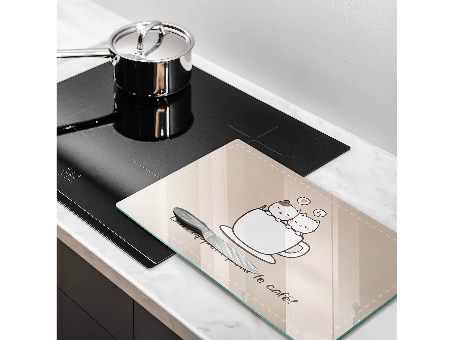 Planche de cuisine rectangulaire en verre avec une phrase "Motif: Bon café!" 30x52 cm