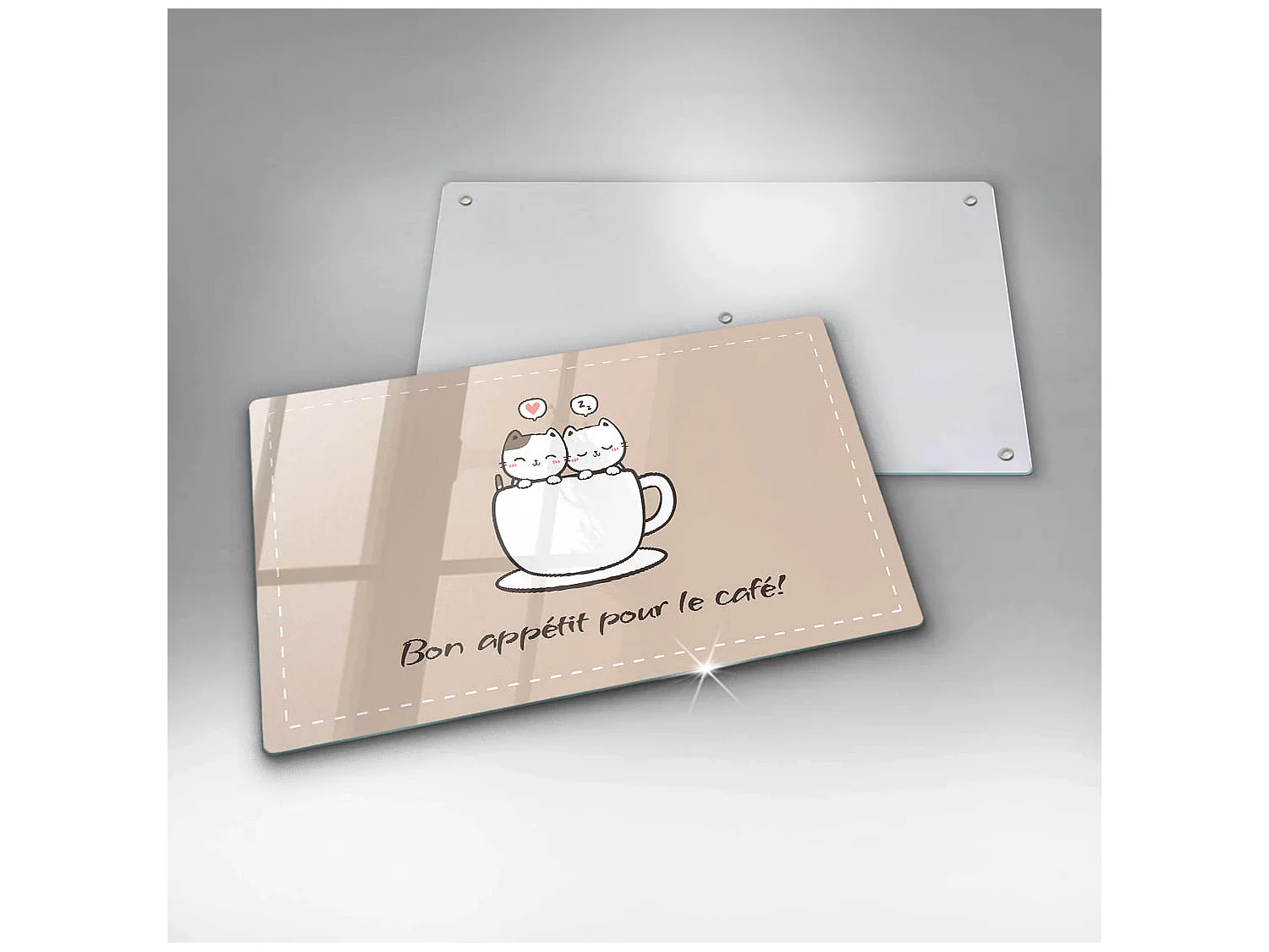 Planche de cuisine rectangulaire en verre avec une phrase "Motif: Bon café!" 30x52 cm