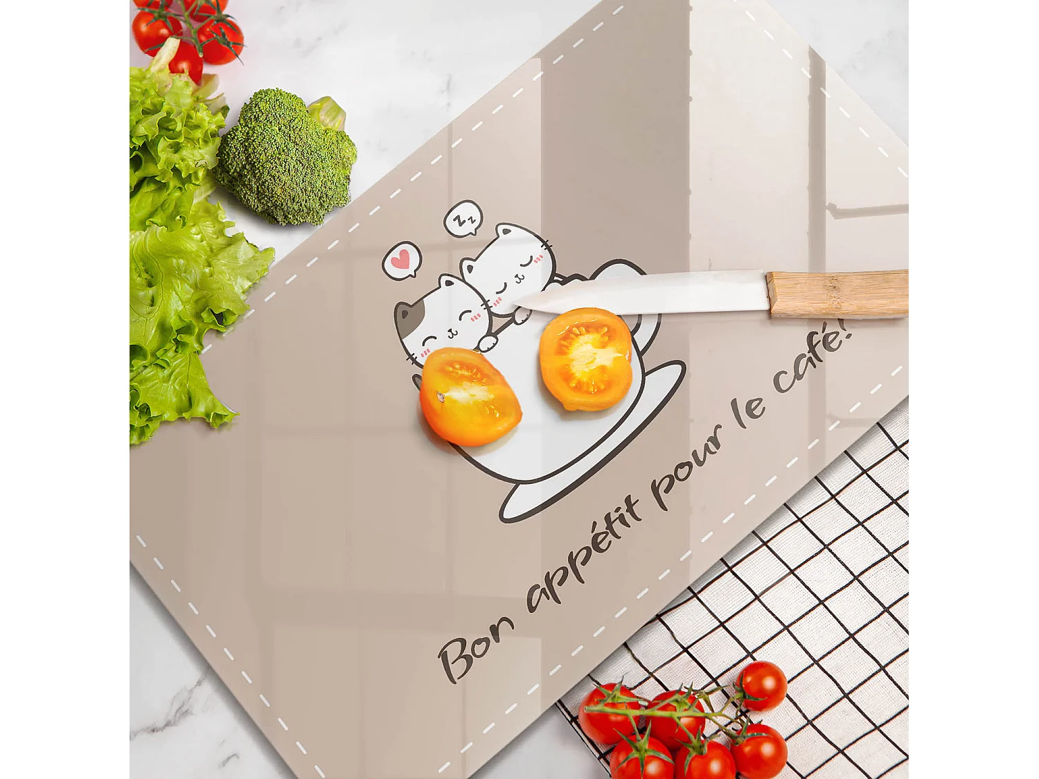 Planche de cuisine rectangulaire en verre avec une phrase "Motif: Bon café!" 30x52 cm