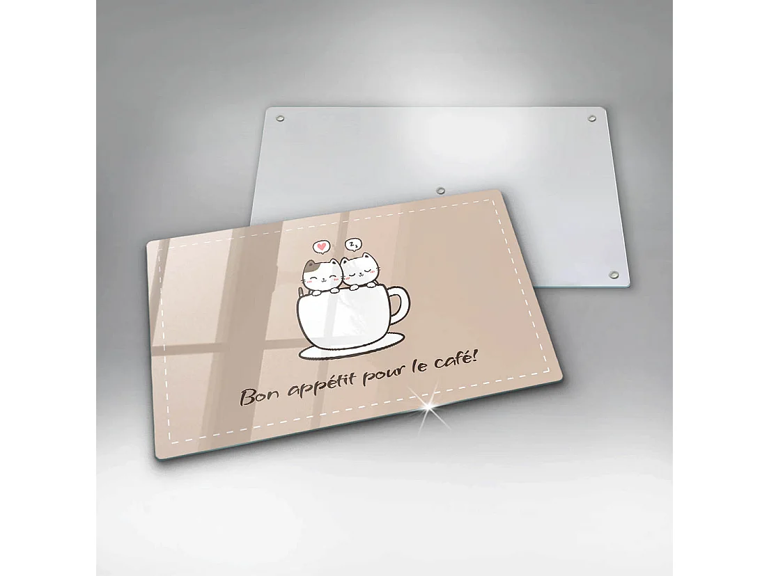 Planche de cuisine rectangulaire en verre avec une phrase "Motif: Bon café!" 30x52 cm