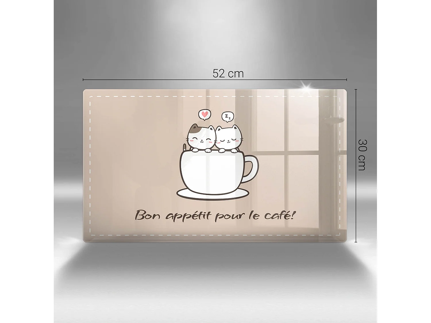Planche de cuisine rectangulaire en verre avec une phrase "Motif: Bon café!" 30x52 cm