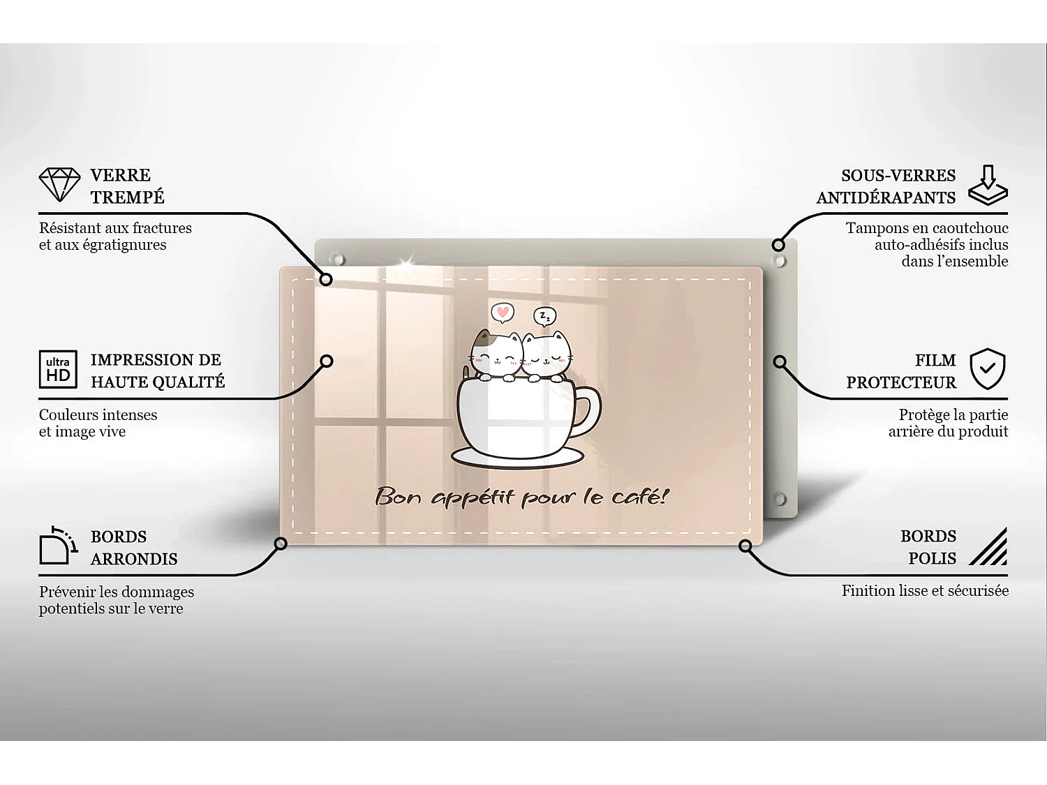 Planche de cuisine rectangulaire en verre avec une phrase "Motif: Bon café!" 30x52 cm