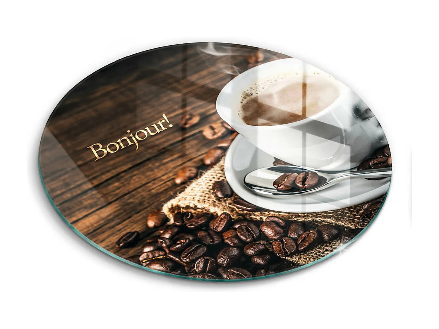 Planche de cuisine ronde en verre avec une phrase "Bonjour!" 40 cm
