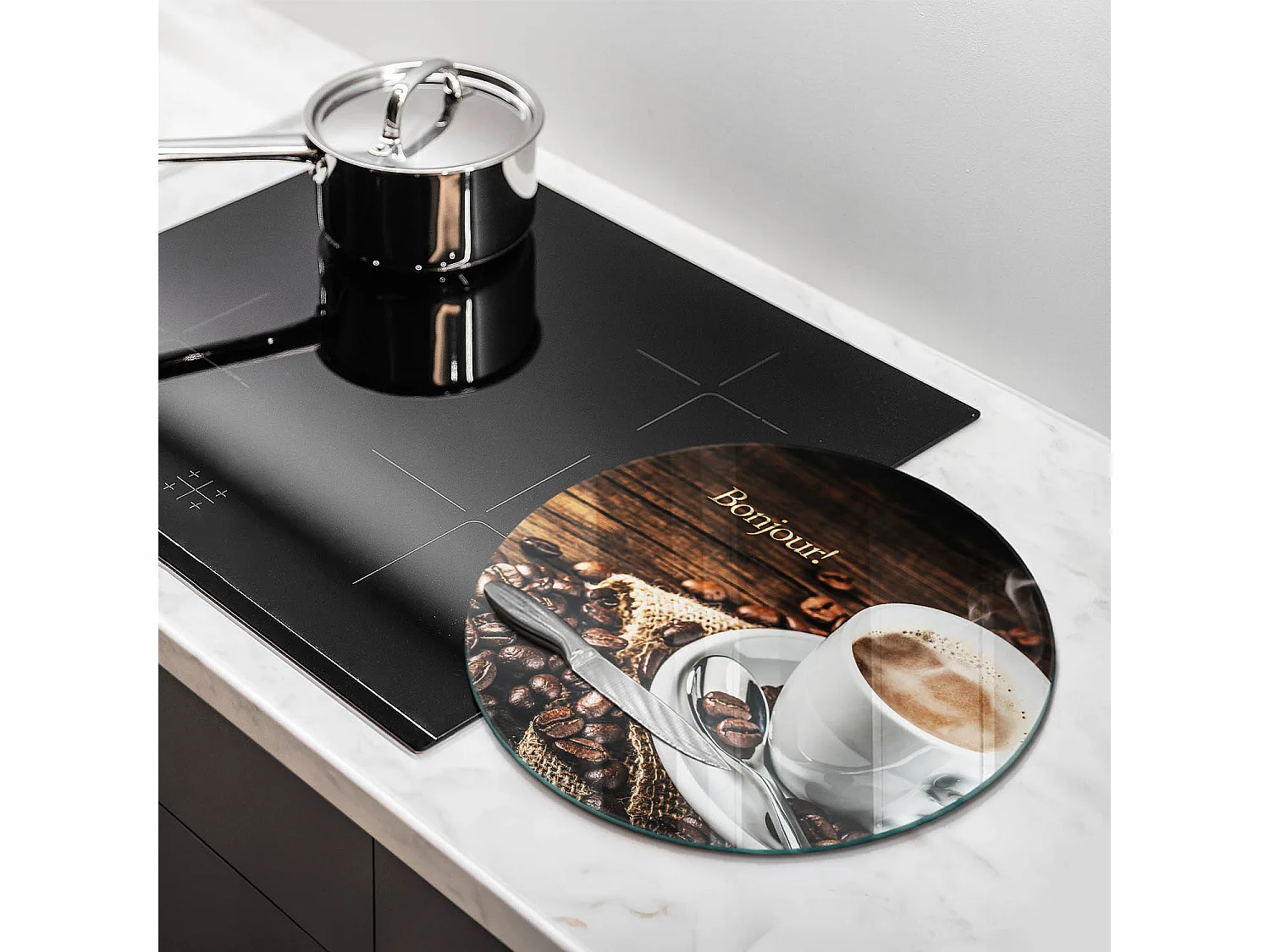 Planche de cuisine ronde en verre avec une phrase "Bonjour!" 40 cm