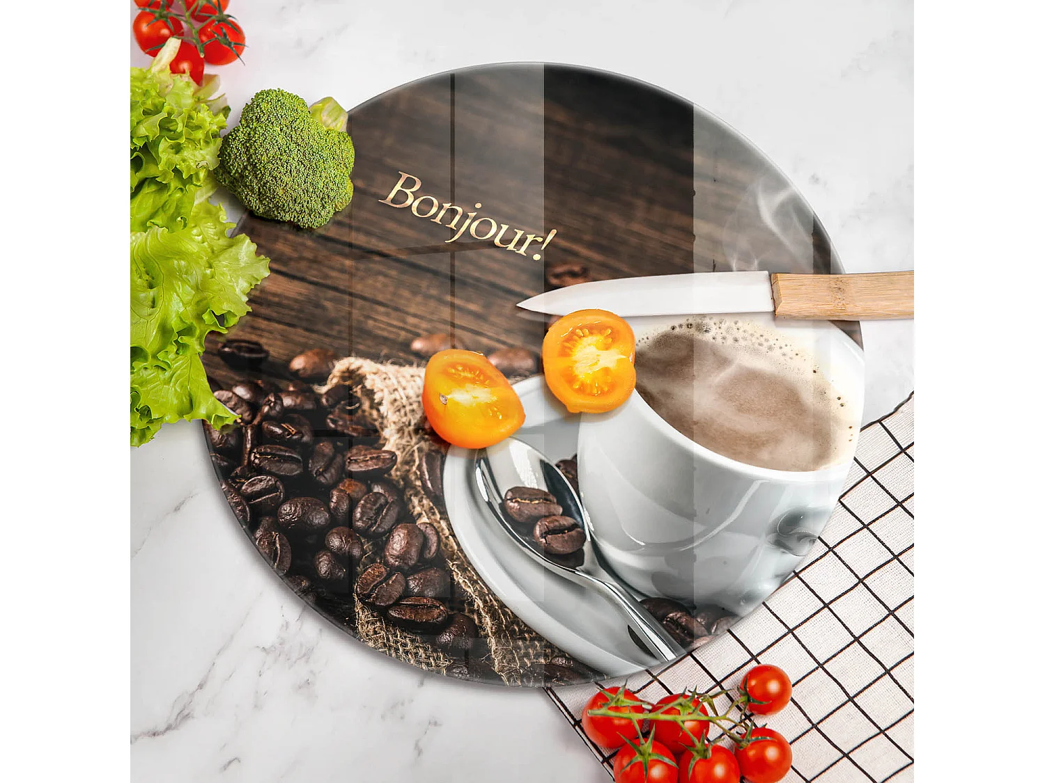 Planche de cuisine ronde en verre avec une phrase "Bonjour!" 40 cm