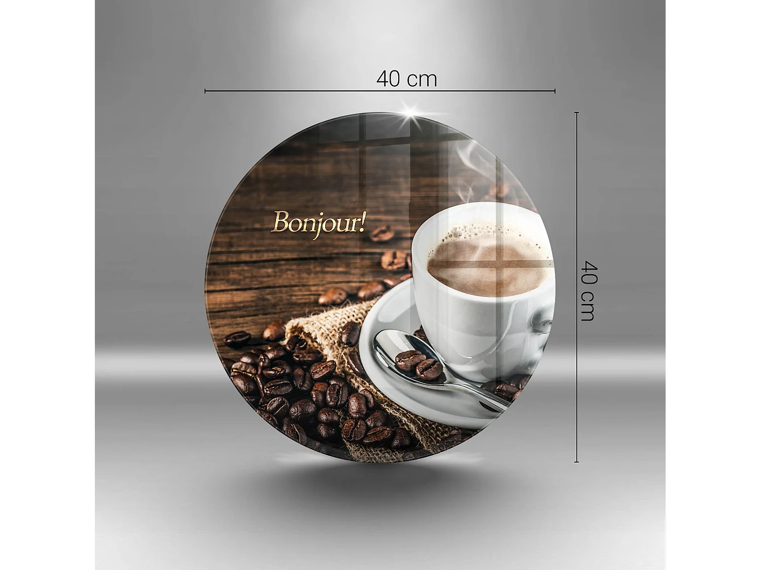 Planche de cuisine ronde en verre avec une phrase "Bonjour!" 40 cm