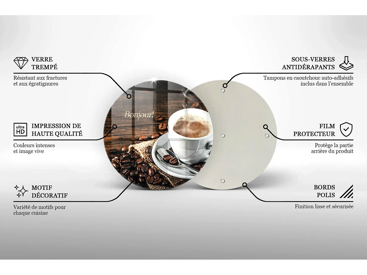 Planche de cuisine ronde en verre avec une phrase "Bonjour!" 40 cm