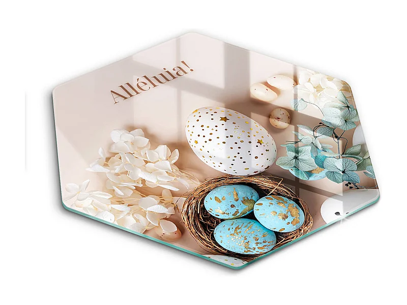 Planche de cuisine hexagonale en verre avec une phrase "Joyeuses fêtes Alléluia!" 40 cm