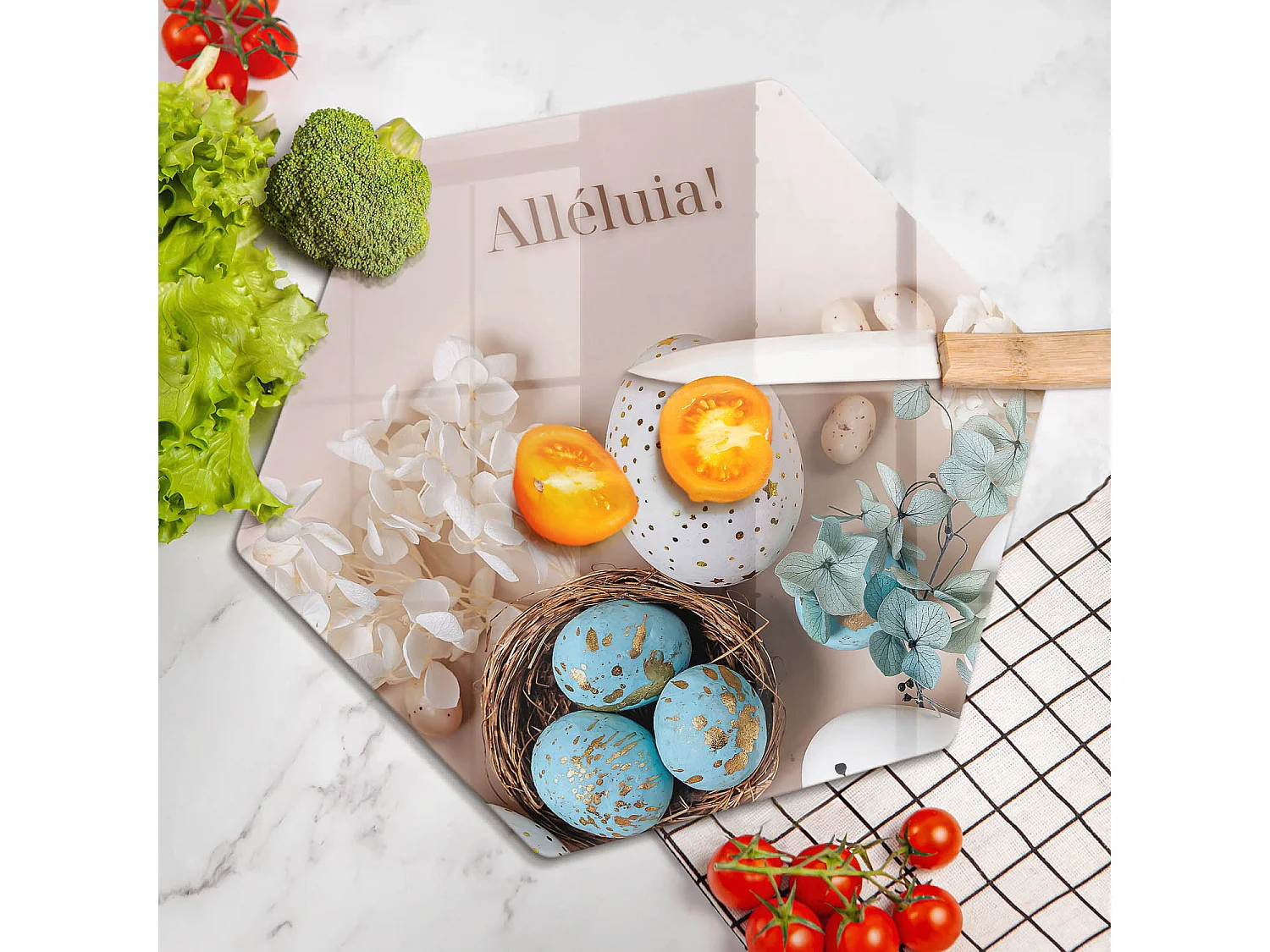 Planche de cuisine hexagonale en verre avec une phrase "Joyeuses fêtes Alléluia!" 40 cm