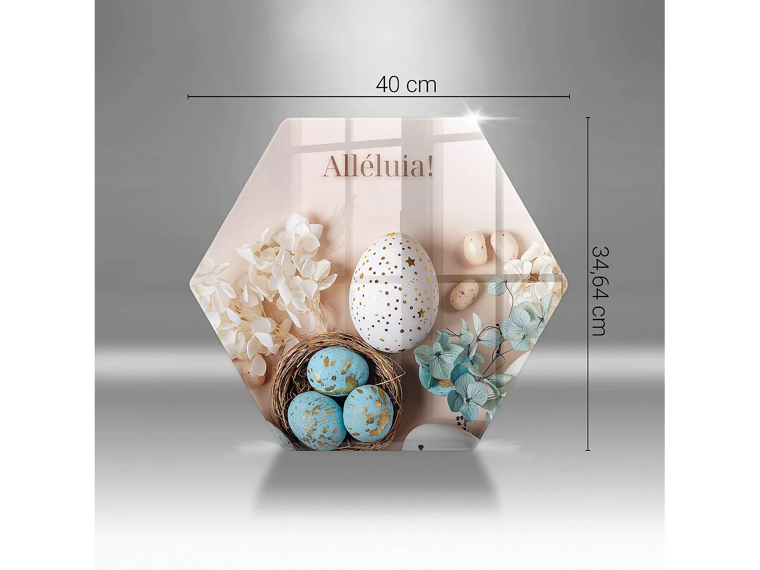 Planche de cuisine hexagonale en verre avec une phrase "Joyeuses fêtes Alléluia!" 40 cm