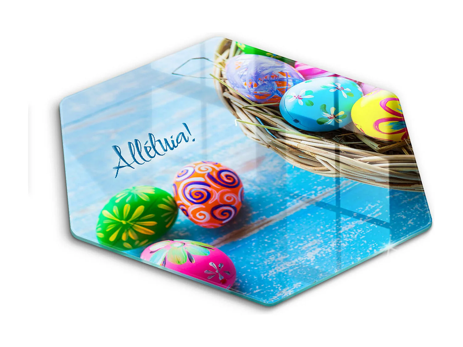Planche de cuisine hexagonale en verre avec une phrase "Alléluia de Pâques!" 40 cm
