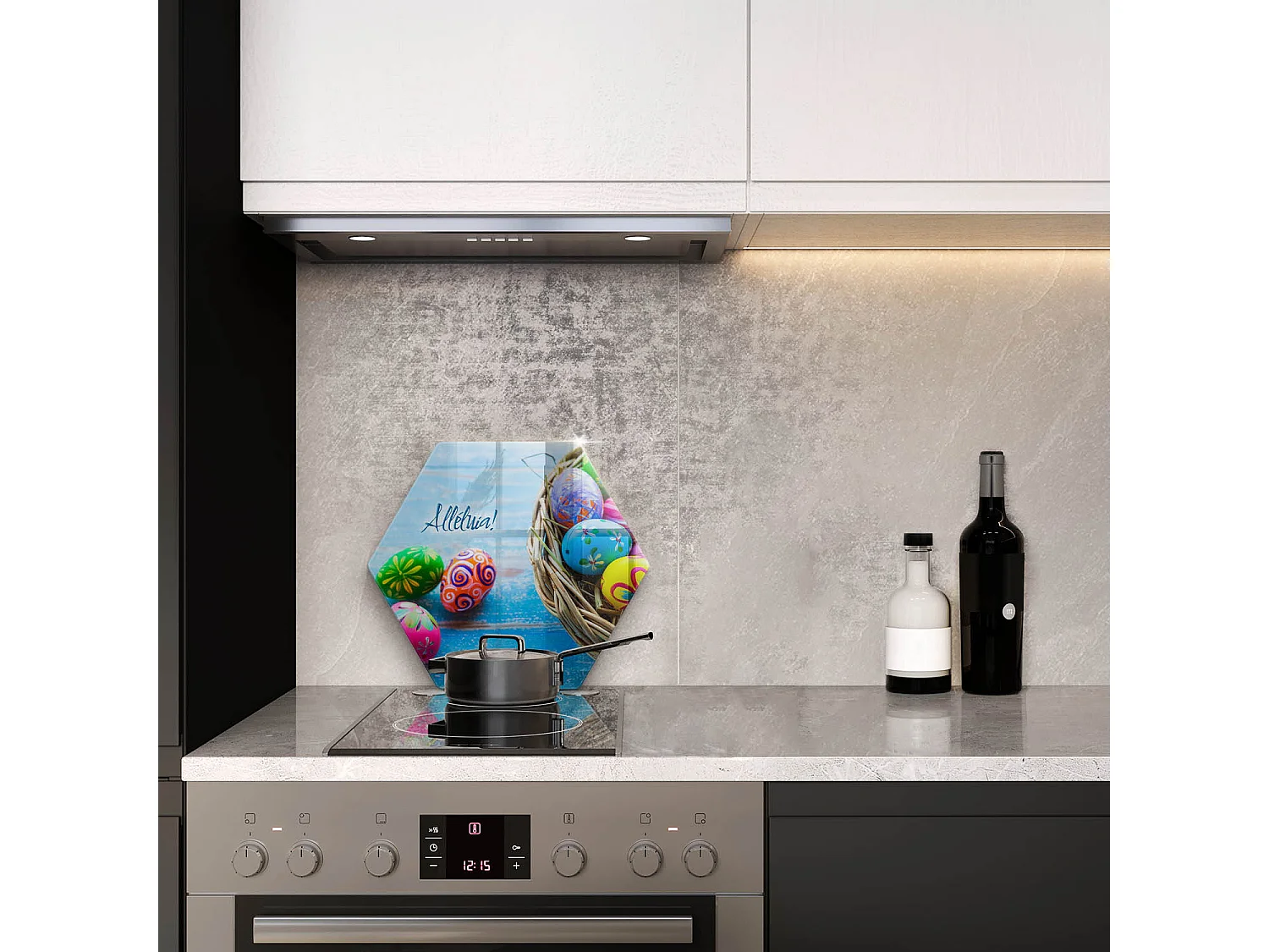 Planche de cuisine hexagonale en verre avec une phrase "Alléluia de Pâques!" 40 cm