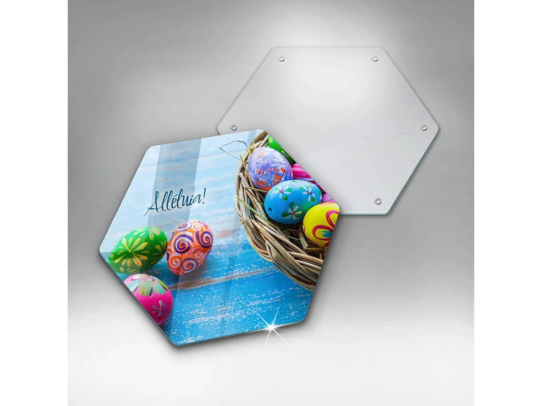 Planche de cuisine hexagonale en verre avec une phrase "Alléluia de Pâques!" 40 cm