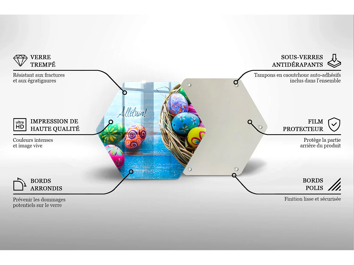 Planche de cuisine hexagonale en verre avec une phrase "Alléluia de Pâques!" 40 cm