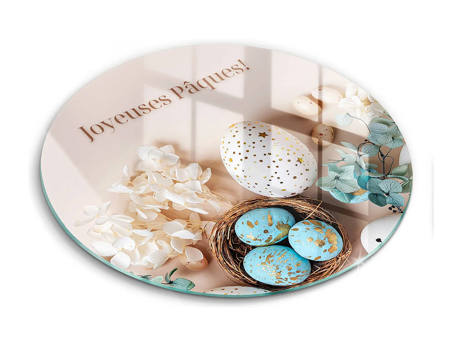 Planche de cuisine ronde en verre avec une phrase "Joyeuses Pâques!" 40 cm
