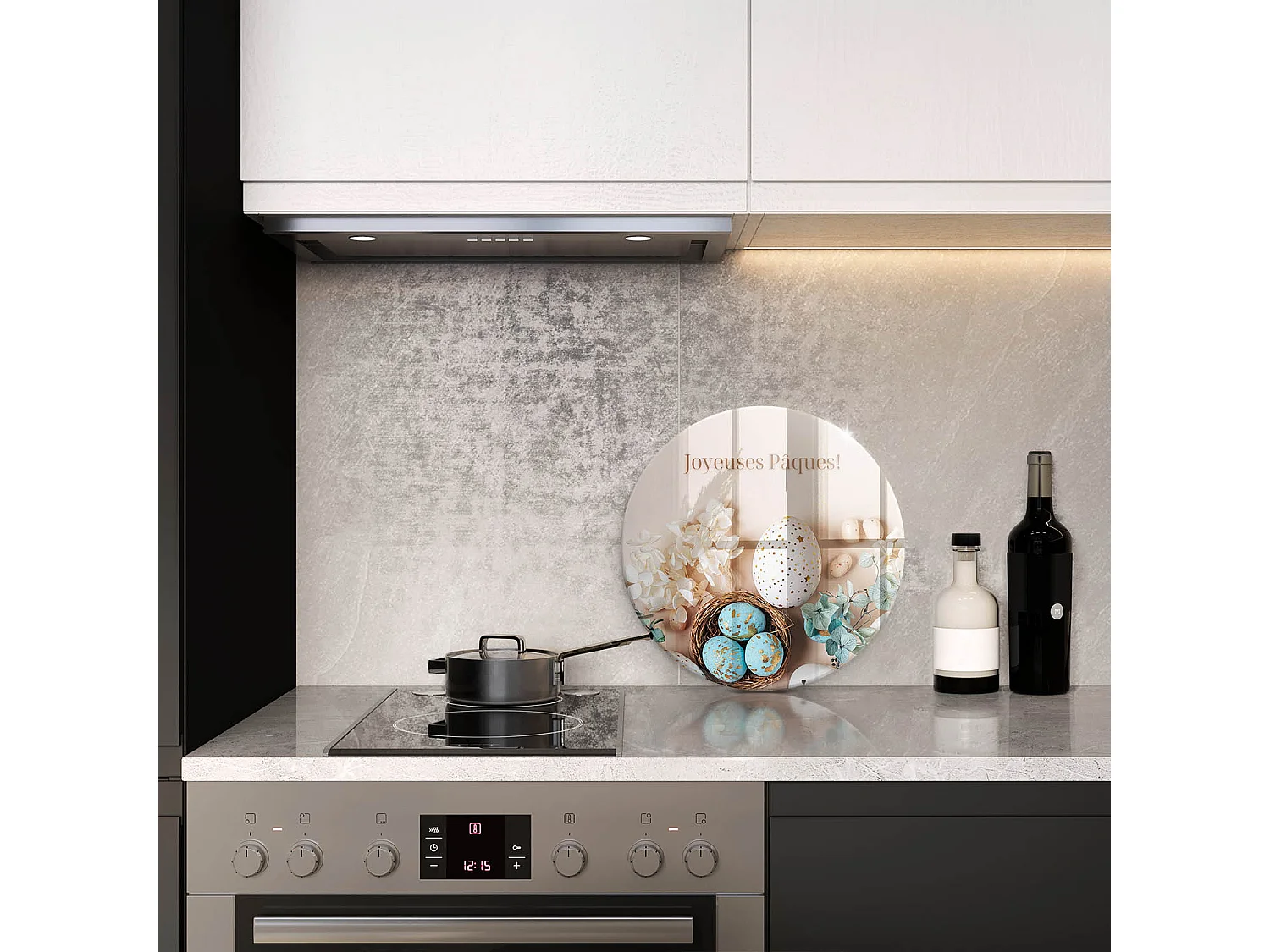 Planche de cuisine ronde en verre avec une phrase "Joyeuses Pâques!" 40 cm