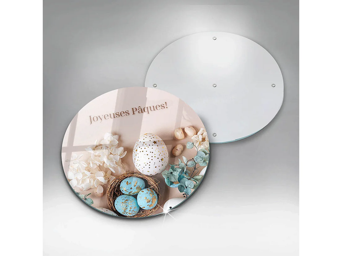 Planche de cuisine ronde en verre avec une phrase "Joyeuses Pâques!" 40 cm