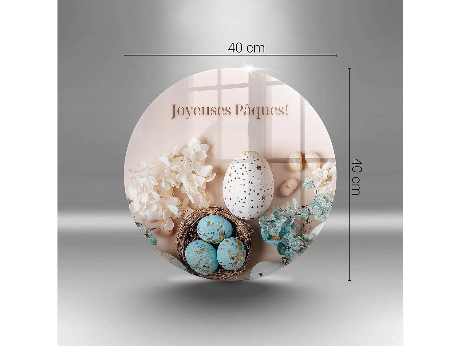 Planche de cuisine ronde en verre avec une phrase "Joyeuses Pâques!" 40 cm