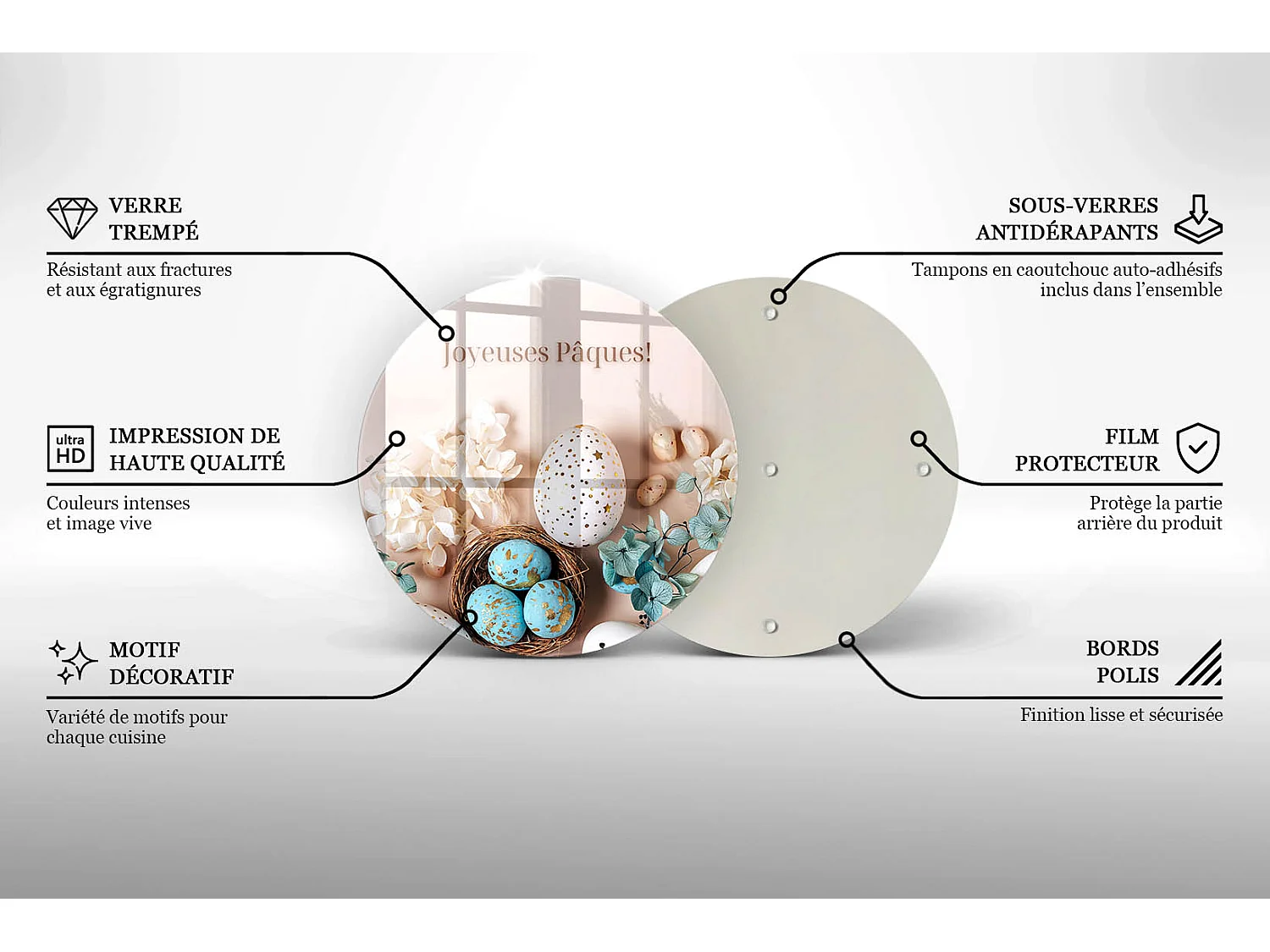 Planche de cuisine ronde en verre avec une phrase "Joyeuses Pâques!" 40 cm