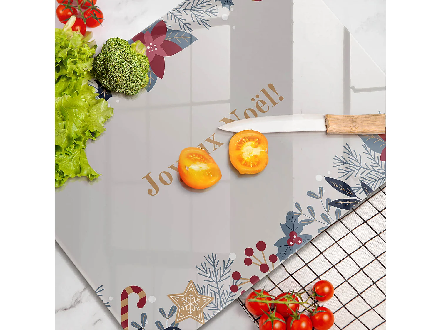 Planche de cuisine rectangulaire en verre avec une phrase "Noël: Joyeux Noël!" 40x52 cm